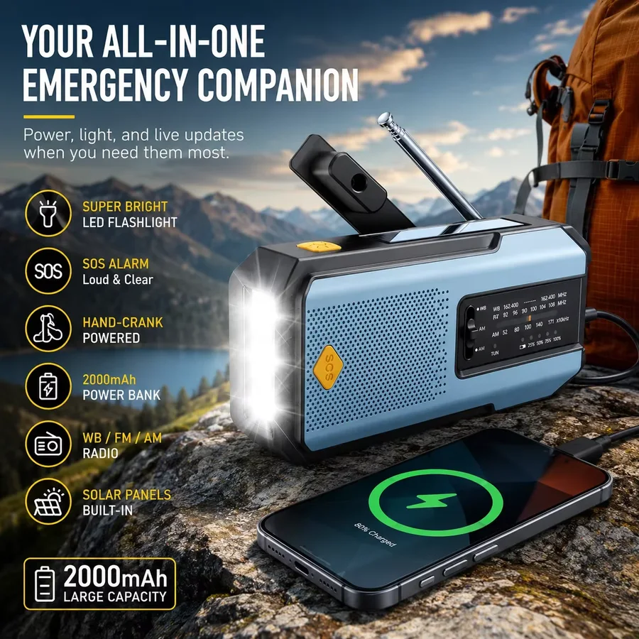Product image: Emergency radio with flashlight and 2,000mAh power bank